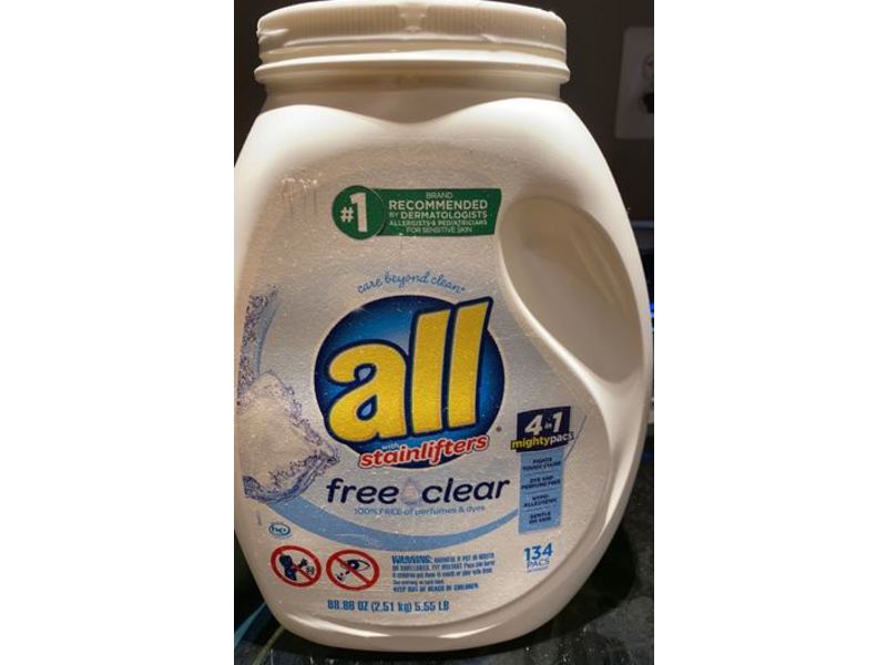 All Stainlifters 4 In 1 Mighty Pacs Laundry Detergent, Free & Clear, 88.86 oz/2.52 kg, 134 Count