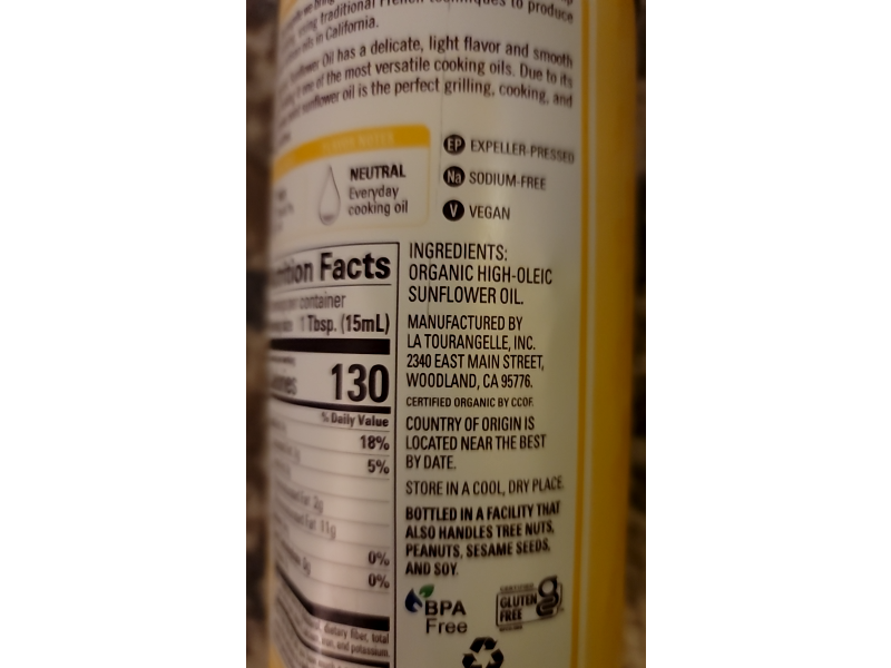 La Tourangelle Organic Sunflower Oil, 16.9 fl oz/500 mL