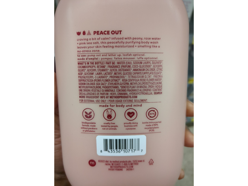 Method Pure Peace Body Wash, Peaony, Rose water, Pink Sea Salt, 28 fl oz/828 mL