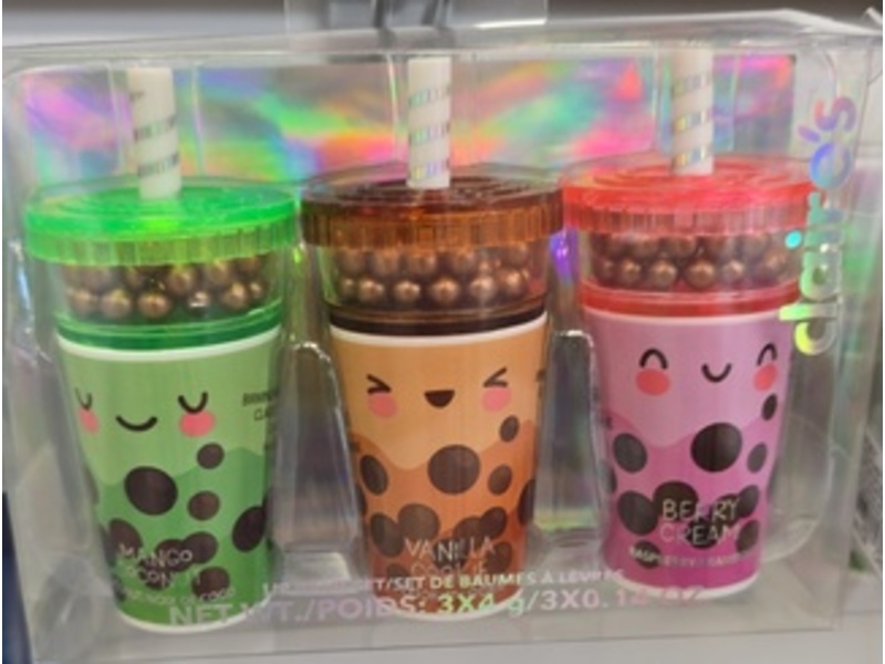 Claire's Boba Tea Shaker Lip Balm Set, Mango Coconut + Vanilla Cookie + Berry Cream, 0.14 oz/4 g