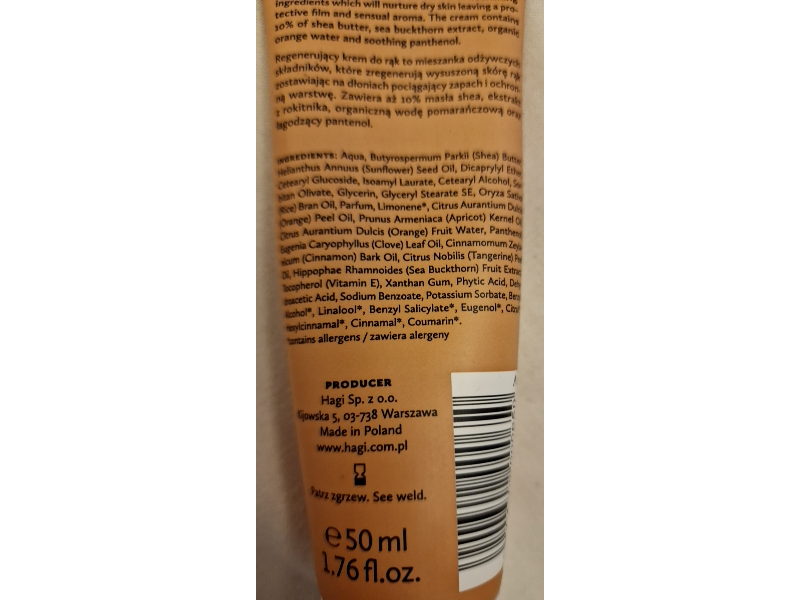 Hagi Natural Hand Cream, Spicy Orange, 1.76 fl oz/50 mL