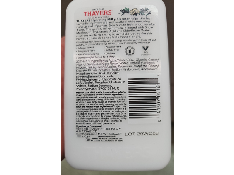 Thayers Natural Remedies Hydrating Milky Face Wash, Hyaluronic Acid, 8 fl oz/237 mL