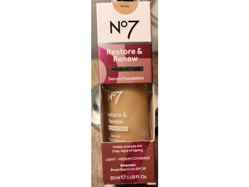No7 Restore & Renew Multi Action Serum Foundation, Honey, SPF 20, 1 fl oz/30 mL