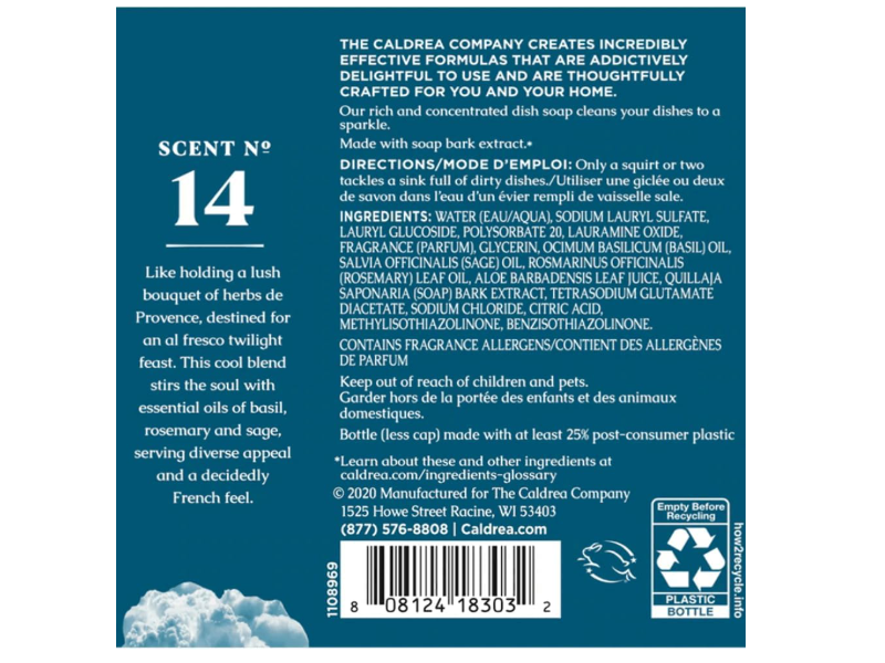 Caldrea Dish Soap, Basil Blue Sage, 16 fl oz/473 mL