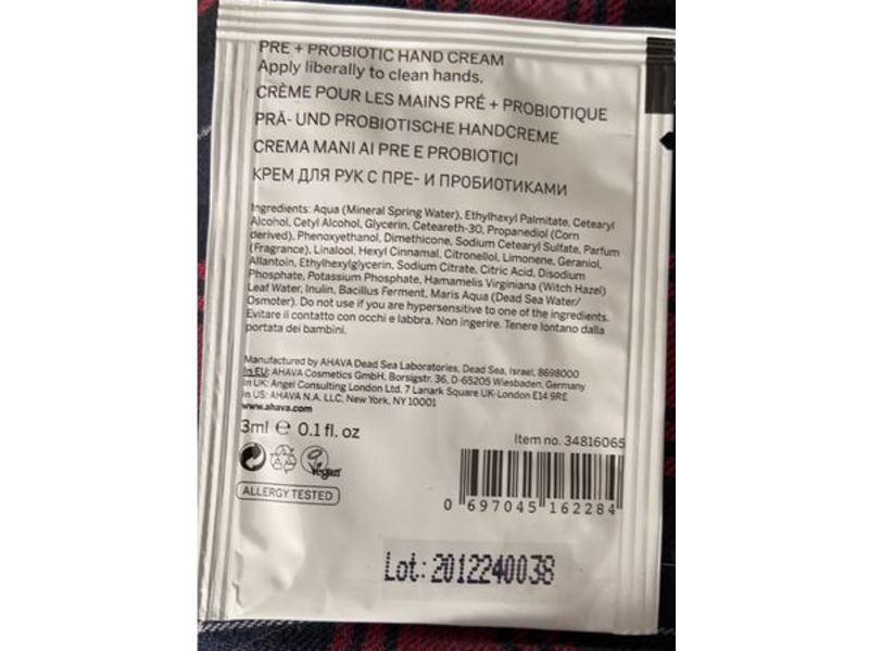Ahava Pre + Probiotic Hand Cream, 0.1 fl oz/3 mL