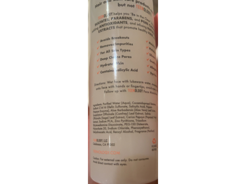 Teenology Gentle Face Cleanser, Papaya, 6 fl oz/177 mL