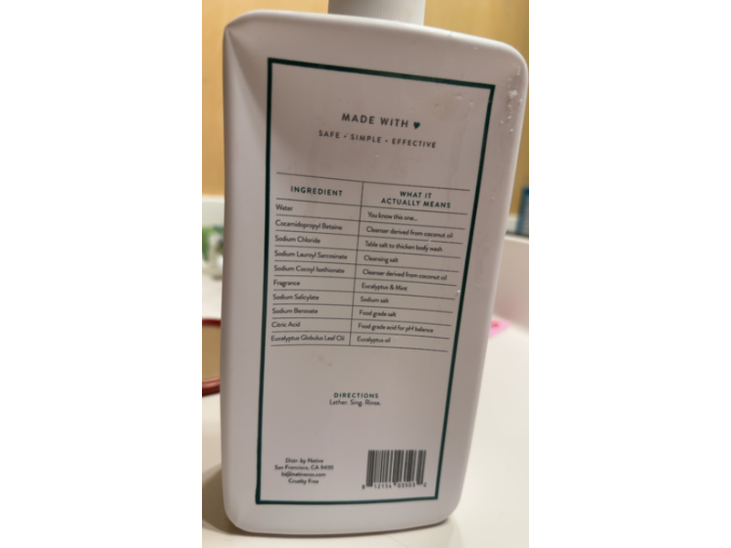 Native Body Wash, Eucalyptus & Mint, 36 fl oz/1064mL