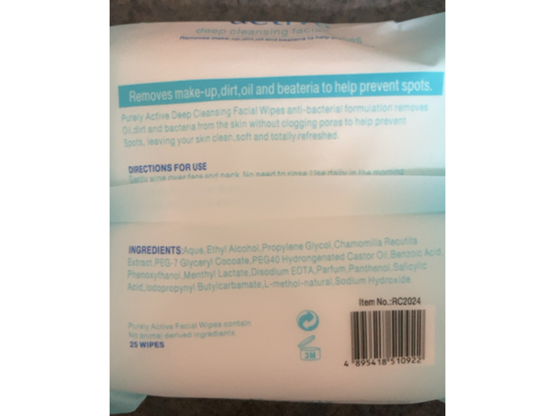 Purely Active Deep Cleansing Facial Wipes, 25 Count