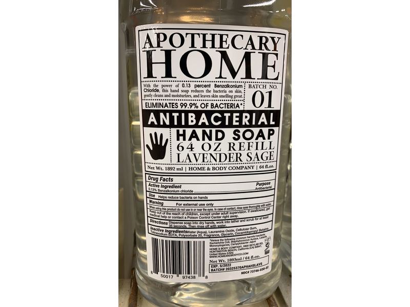 Home & Body Company Apothecary Home Antibacterial Hand Soap, Lavender Sage, 64 oz