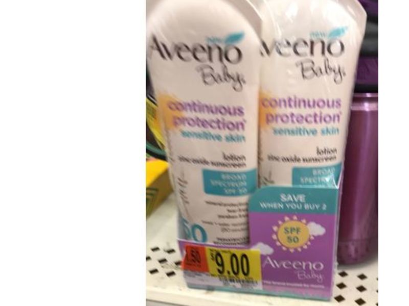 Aveeno Baby Continuous Protection Sensitive Skin Zinc Oxide Sunscreen Lotion, SPF 50, 30 fl oz/88 mL, 2 Count