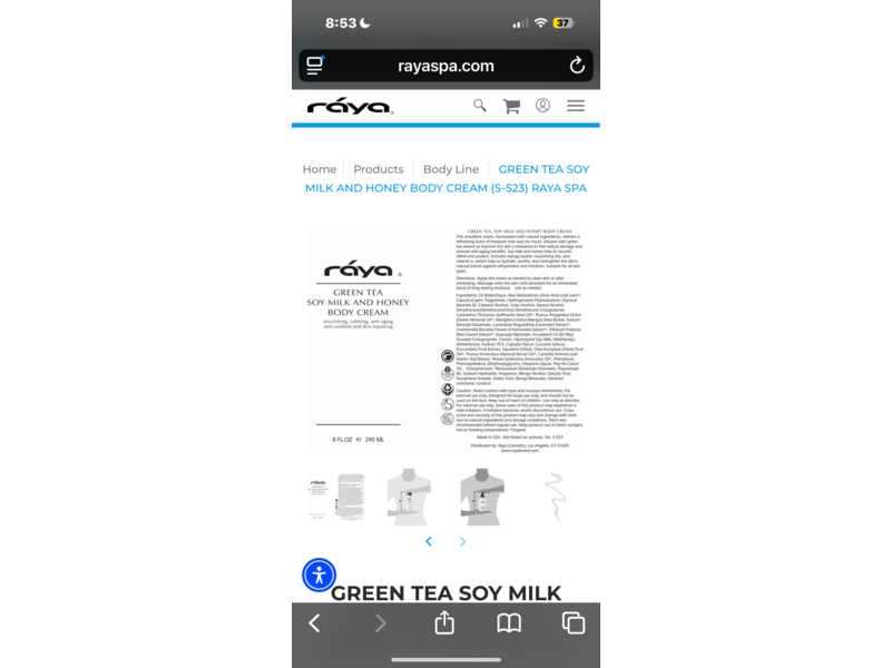 Raya Green Tea Soy Milk & Honey Body Cream, 8 fl oz/240 mL