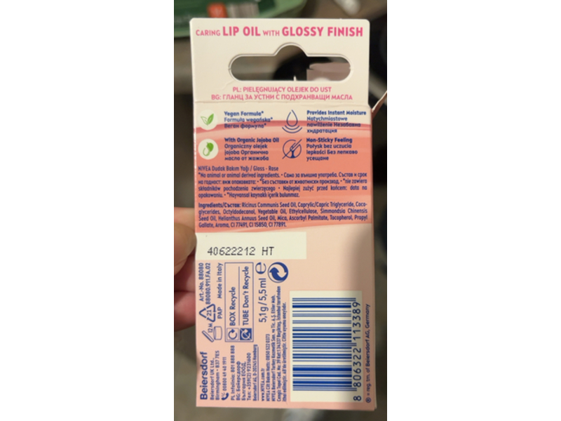 Nivea Caring Glossy Finish Lip Oil, Rose, 5.5 mL