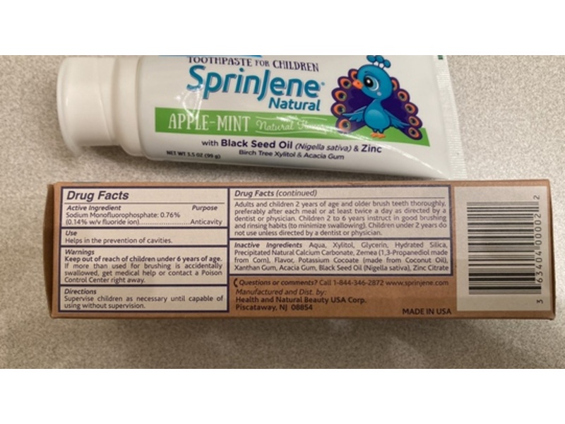 Sprinjene Natural Toothpaste, Apple-Mint, 3.5 oz