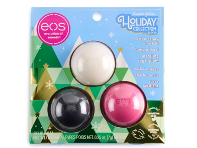 Eos Limited Edition Holiday Collection Lip Balm, Lump Of Coal, Cotton Candy Snowball & Sparkling Sugar Plum, 0.25 oz/7 g