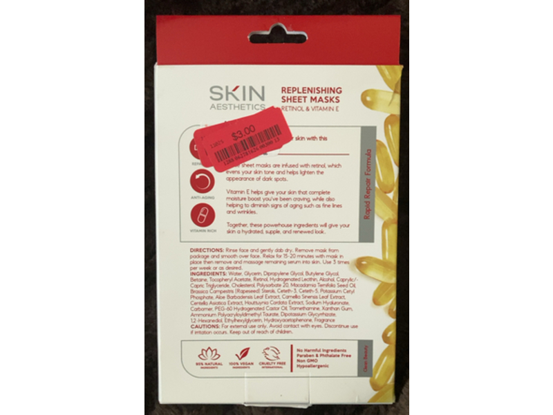 Skin Aesthetics Replenishing Sheet Face Mask, Retinol & Vitamin E, 3.7 oz/105 g, 5 Count