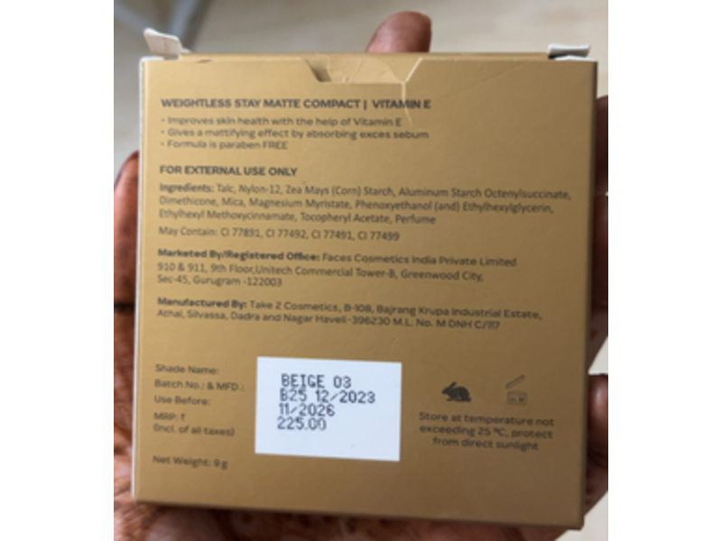 Faces Canada Weightless Stay Matte Compact, Beige 03, 9 g