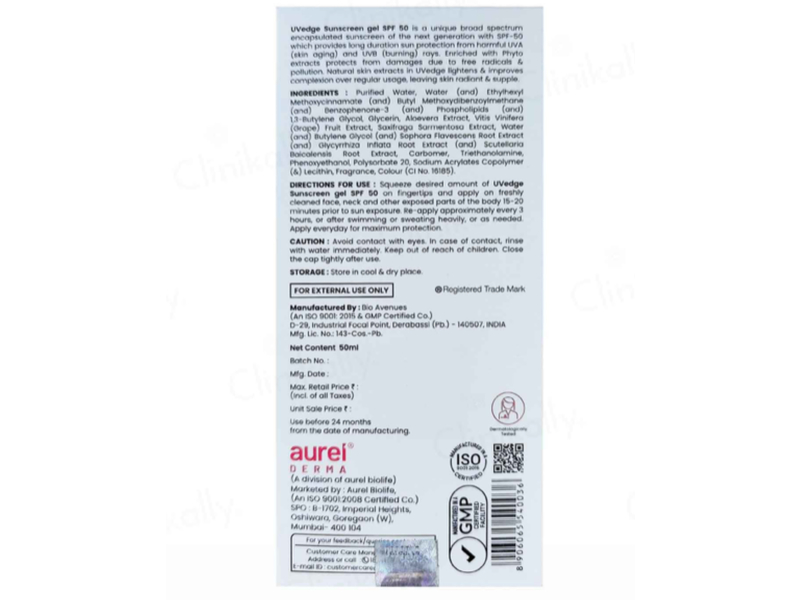 Uvedge Sunscreen Gel, SPF 50 PA+++, 50 mL