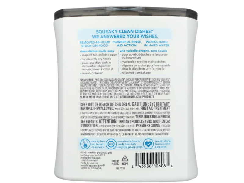 Method Dishwasher Detergent Packs, Free+Clear, 17.2 oz/489 g, 30 Count
