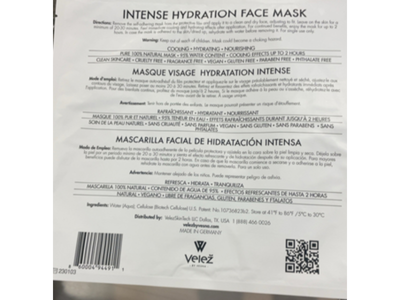 Velez By Vesna Intense Hydration Face Mask, 1 Count