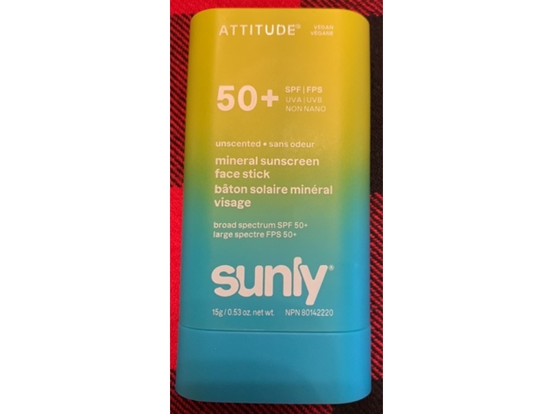 Attitude Mineral Sunscreen Face Stick, SPF 50+, Unscented, 0.53 oz/15 g