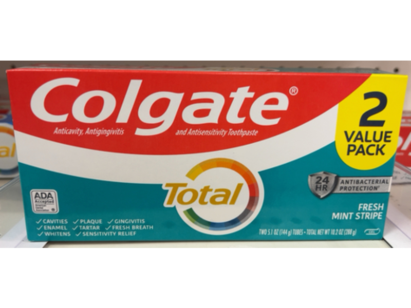 Colgate Total Toothpaste, Fresh Mint Stripe, 5.1 oz/144 g, Pack Of 2