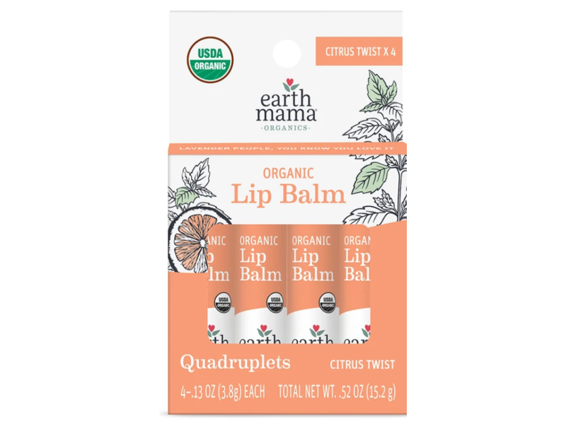 Earth Mama Organic Quadruplets Lip Balm, Citrus Twist, 0.13 oz/3.8 g, Pack of 4