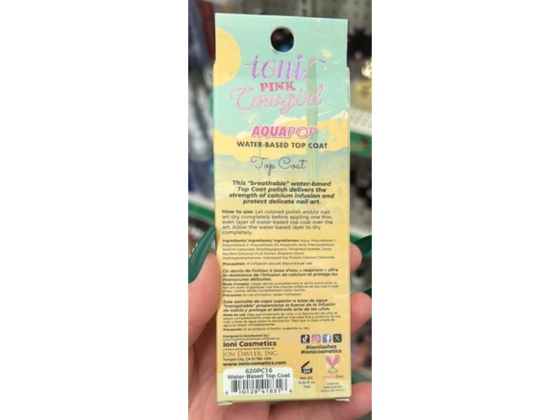 Ioni Pink Cowgirl AquaPop Water Based Top Coat, 0.24 fl oz/7 mL