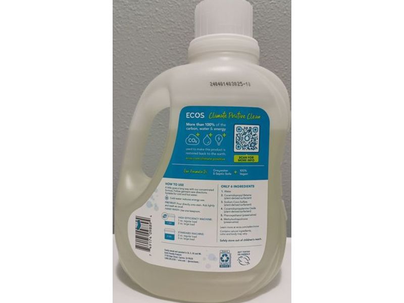 ECOS Plant Powered Laundry Detergent, Free & Clear, 100 Loads, 100 fl oz/2.96 L