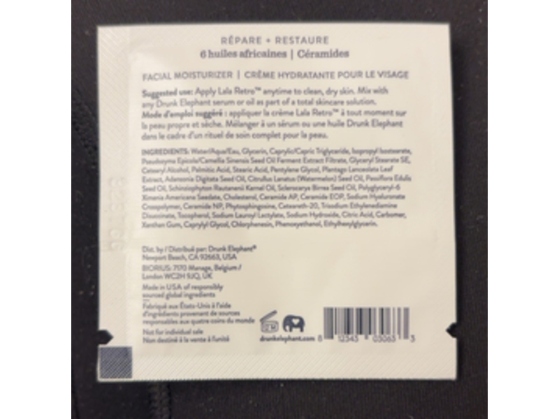 Drunk Elephant Lala Retro Whipped Cream, 6 African Oils Ceramides, 0.05 fl oz/1.5 mL