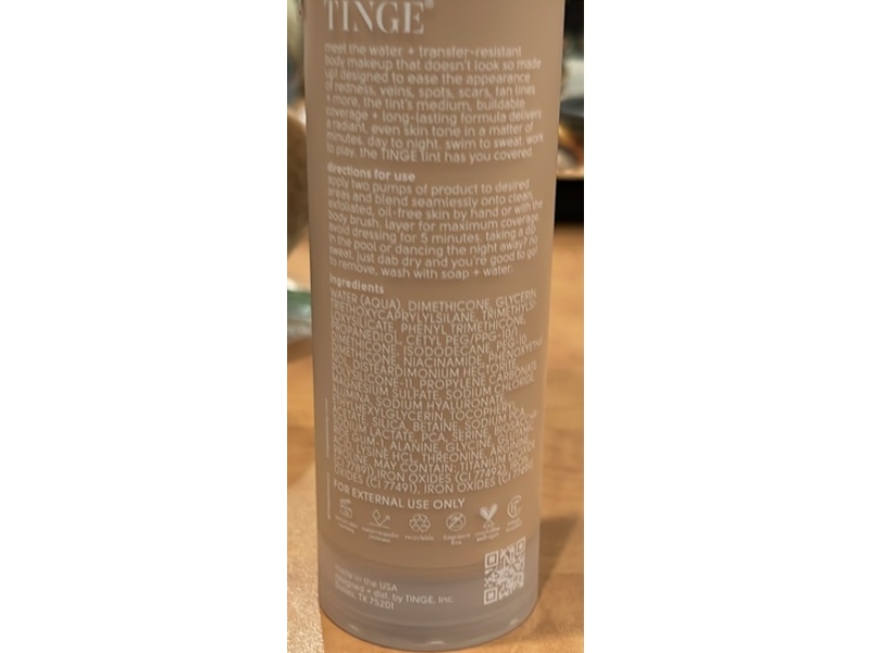 Tinge The Tinge Tint Body Foundation, Medium Warm, 3.36 fl oz/100 mL