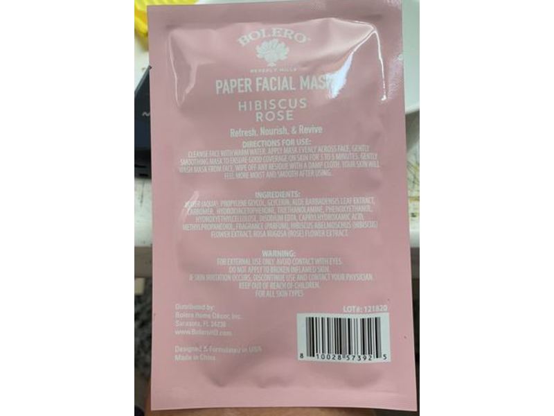 Bolero Beverly Hills Paper Facial Mask, Hibiscus Rose, 0.37 fl oz/11 ml