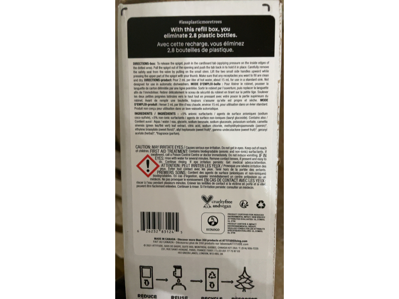 Attitude Dishwashing Liquid Refill, Green Apple & Basil, 67.6 fl oz/2 L