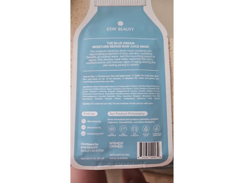 Esw Beauty Moisture Repair Raw Juice Face Mask, The Blue Dream, 0.85 fl oz/25 mL