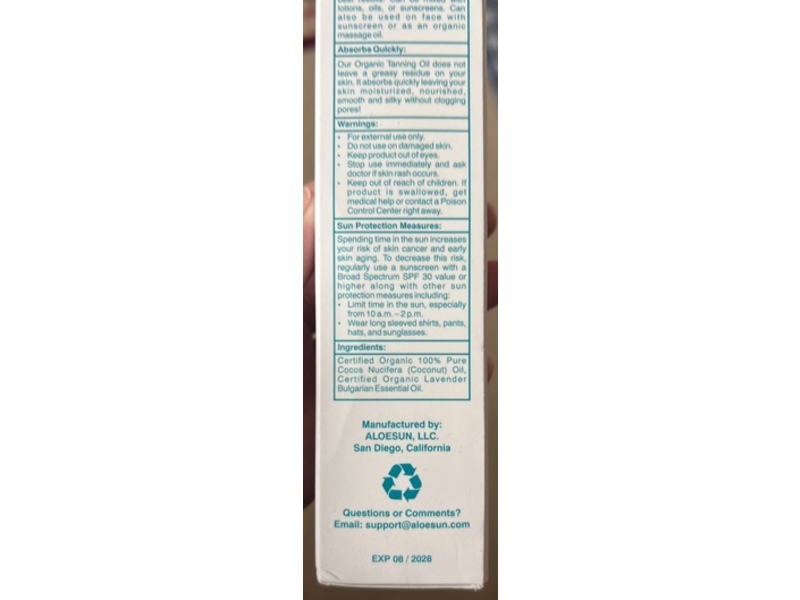 Aloesun Organic Coconut Tanning Oil, Lavender, 3.4 fl oz/100 mL