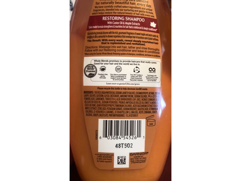Garnier Whole Blends Intensely Restoring Shampoo, Maple Remedy, 12.5 fl oz/370 ml