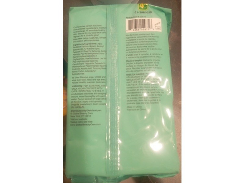 Global Beauty Care Makeup Cleansing Wipes, Aloe Vera Extract, 60 Wipes