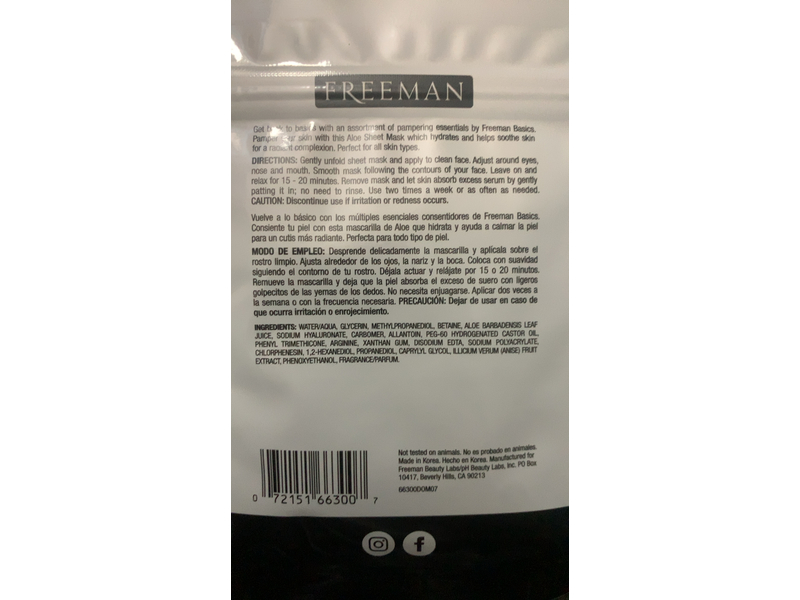 Freeman Hydrating Sheet Mask, Aloe, 1.08 fl oz/32 mL, 2 Count