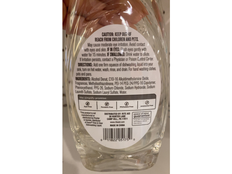 Rite Aid Dishwashing Liquid, Free & Clear, 19.4 fl oz/573 mL