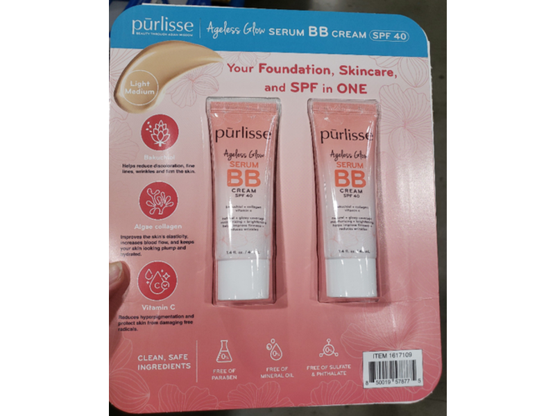 Purlisse Ageless Glow Serum BB Cream, Light Medium, SPF 40, 1.4 fl oz/40 mL