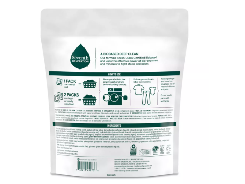 Seventh Generation Biobased Deep Clean Laundry Detergent Packs, Fresh Lavender Scent, 31.7 oz/900 g, 45 Packs
