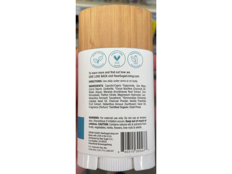 Raw Sugar Simply Deo, Vanilla Bean + Charcoal, 2.7 oz/76 g, Pack Of 3