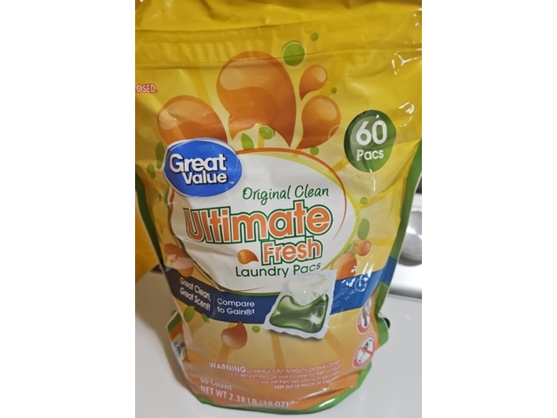 Great Value Ultimate Fresh Laundry Pacs, Original Clean, 60 Pacs, 38 oz/1.08 kg