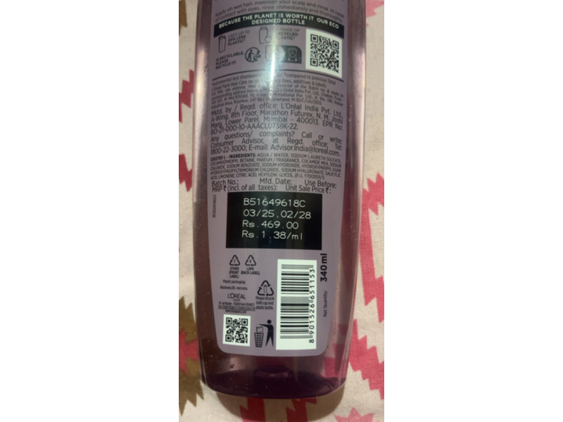 L'Oreal Paris Hyaluron Pure Shampoo, 340 mL