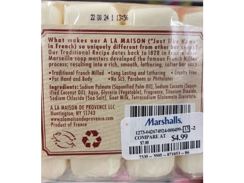 A La Maison Goat Milk Bar Soap, Coconut Oil, 3.5 oz/100 g, 4 Count