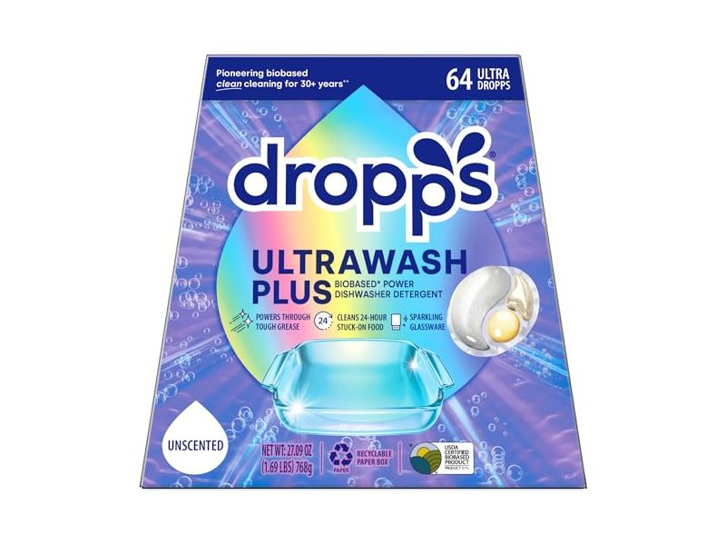 dropps UltraWash Plus Dishwasher Detergent Pods, Unscented, 27.09 oz/768 g, 64 Count