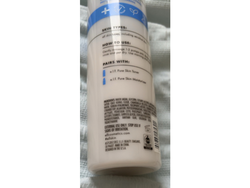 e.l.f. Pure Skin Cleanser, Oat Milk, Allantoin+Niacinamide, 6.09 fl oz/180 mL
