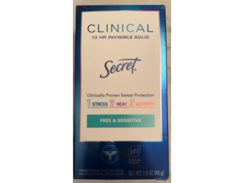 Secret Clinical Invisible Solid Antiperspirant Deodorant, Free & Sensitive, 1.6 oz/45 g