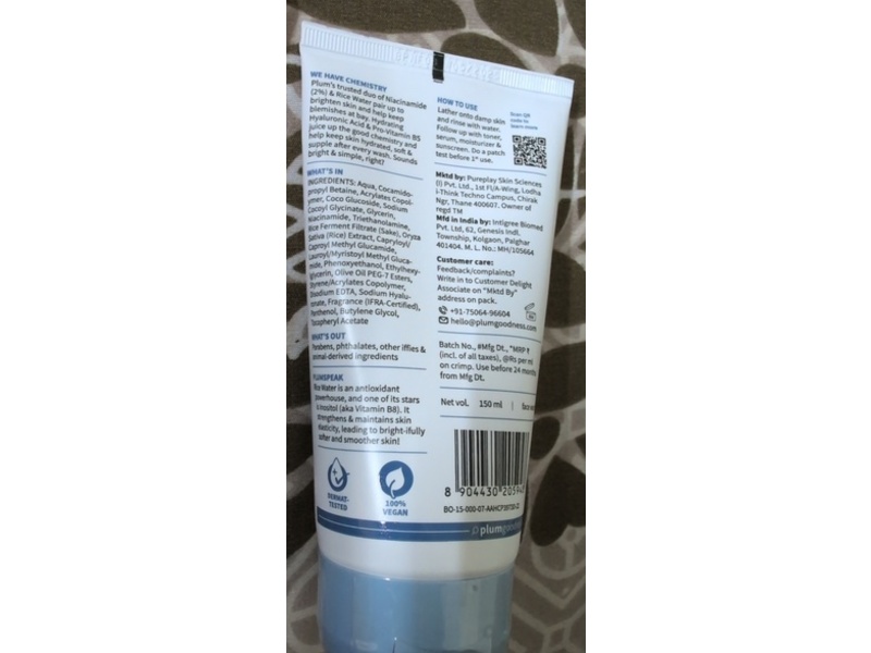 Plum Rice Water & Niacinamide Face Wash, 5.07 fl oz/150 mL