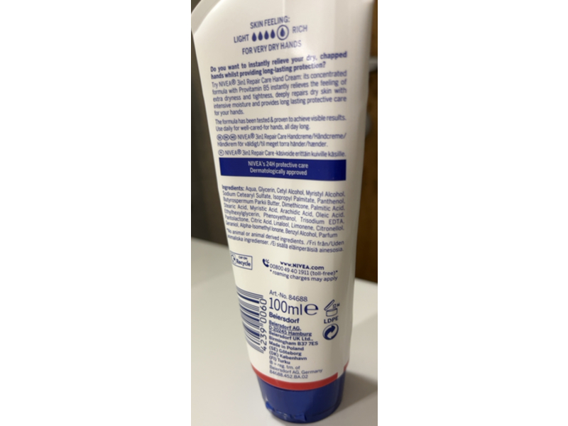 Nivea 3-In-1 Repair Hand Cream, 100 mL