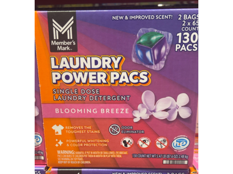 Member's Mark Laundry Power Pacs, Blooming Breeze, 87.6 oz/2.48 kg, 130 Count, Pack Of 2